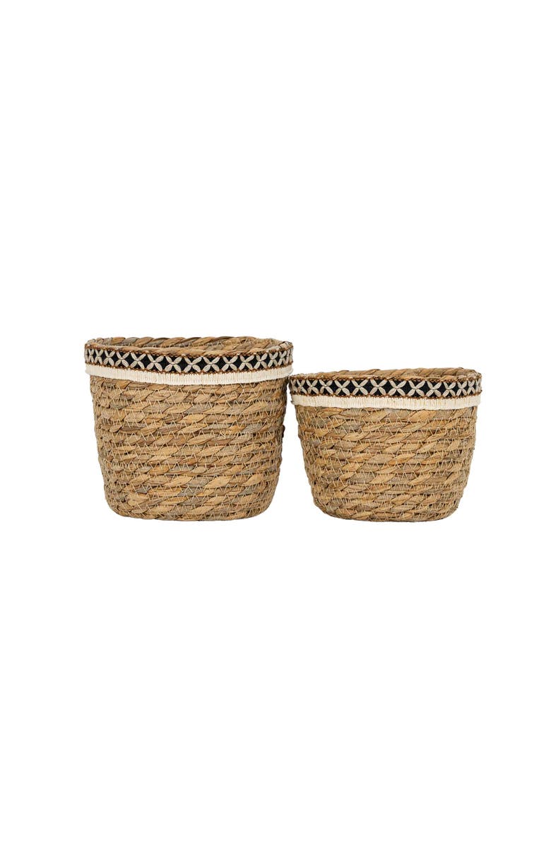 Foreside Home and Garden Set of 2 Embroidered Rim Baskets Natural Seagrass & Jute, Main, color, Brown