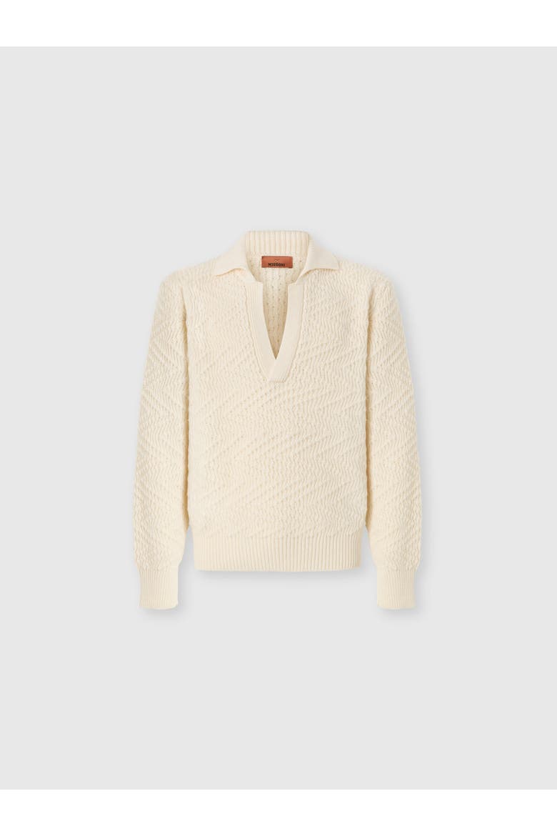 Long-sleeve Wool And Viscose Zig Zag Polo Shirt, Main, color, Beige