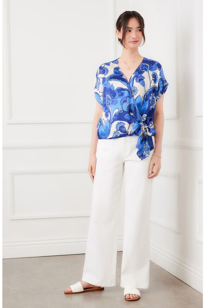Blouson Side Tie Satin Wrap Top, Alternate, color, BLUE PRINT