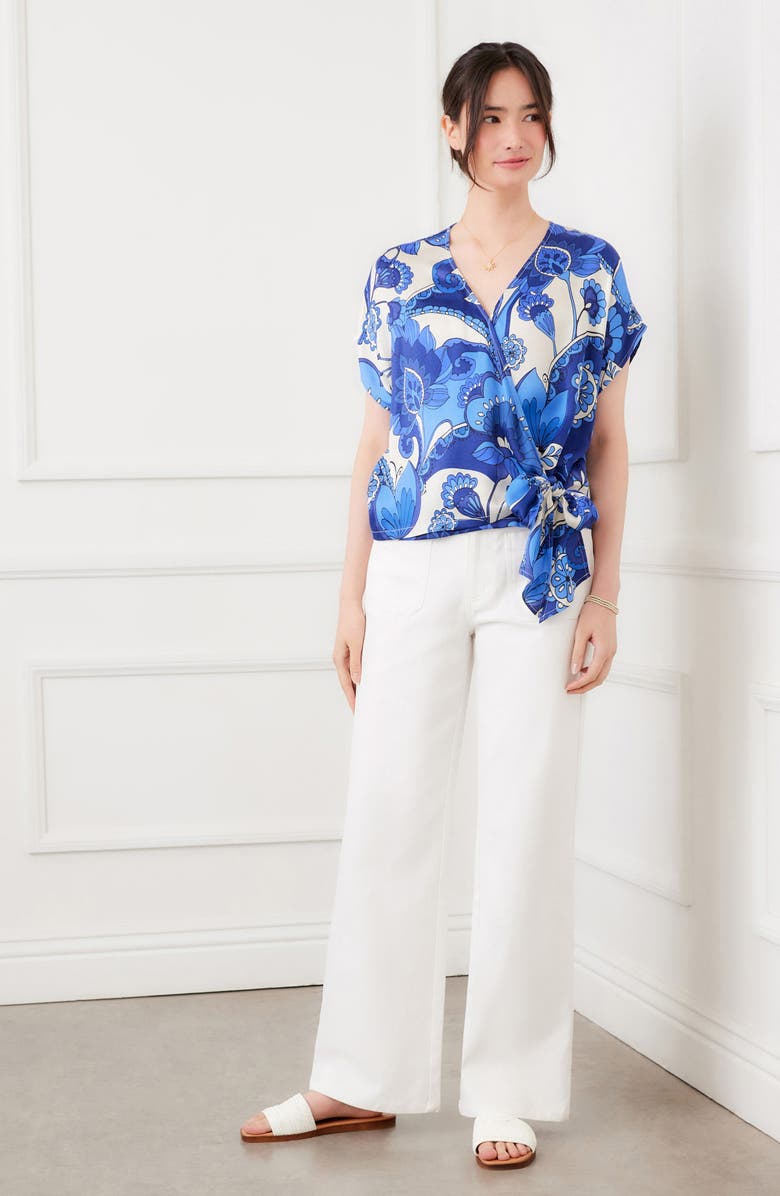 Karen Kane Blouson Side Tie Satin Wrap Top, Alternate, color, Blue Print