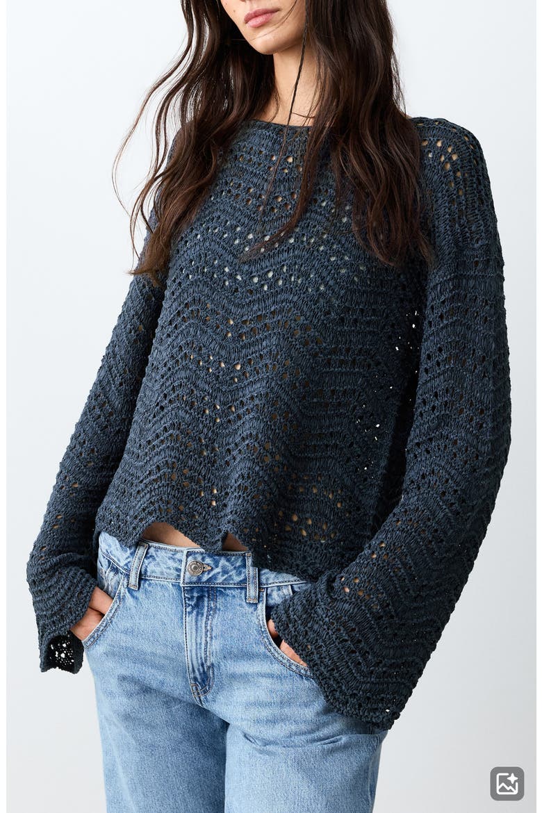 Scallop Hem Openwork Crop Sweater, Main, color, NAVY