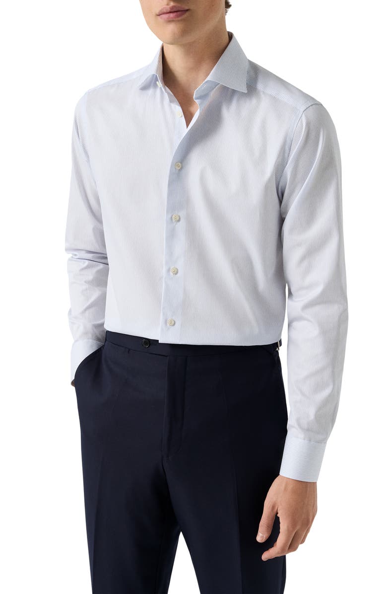 Eton Contemporary Fit Pinstripe Cotton Twill Dress Shirt, Main, color, Light Blue