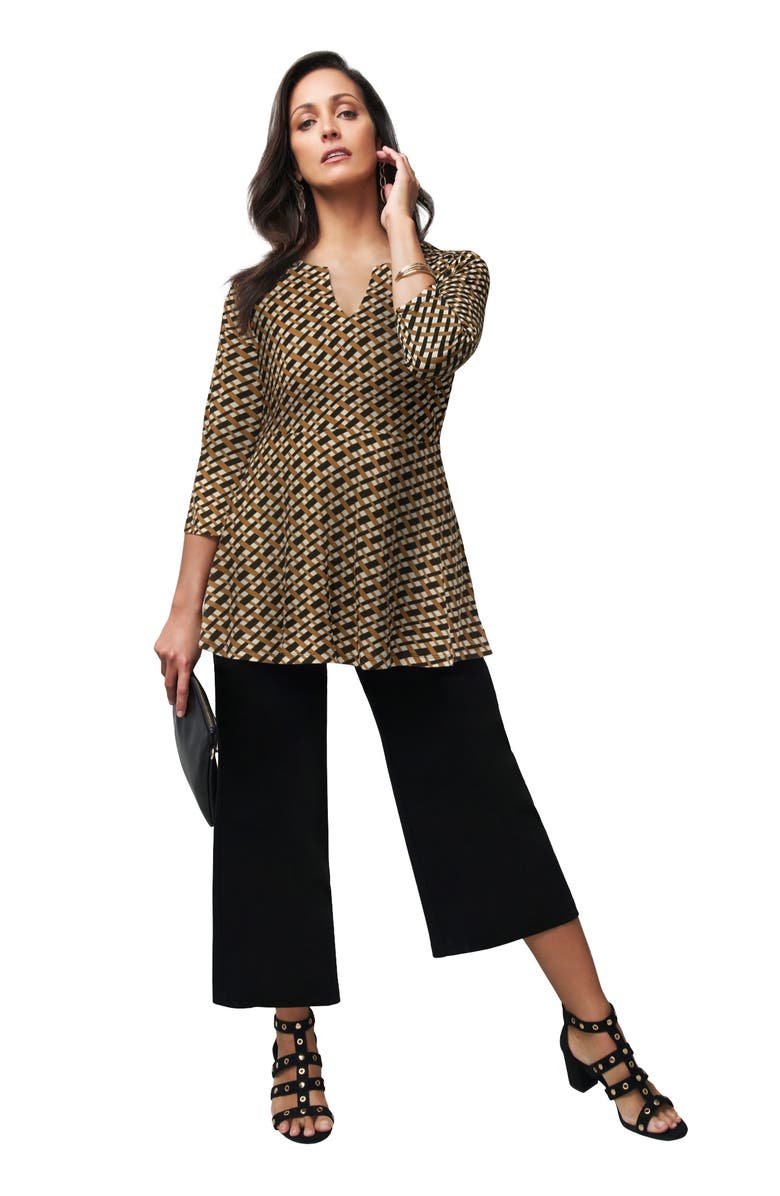 Jessica London Stretch Knit Henley Notch Babydoll Tunic, Main, color, Neutral Bias Geo