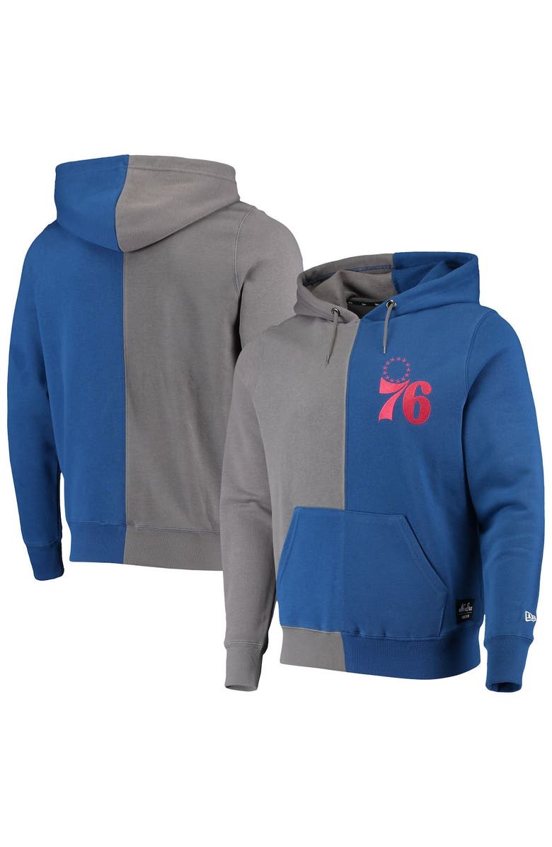 New Era Men's New Era Gray/Royal Philadelphia 76ers Diagonal French Terry Color Block Pullover Hoodie, Alternate, color, 