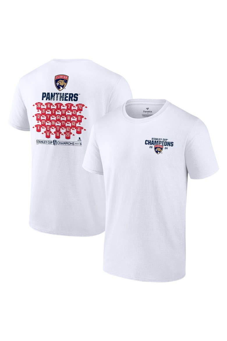 Men's Fanatics  White Florida Panthers 2024 Stanley Cup Champions Jersey Roster T-Shirt, Alternate, color, White