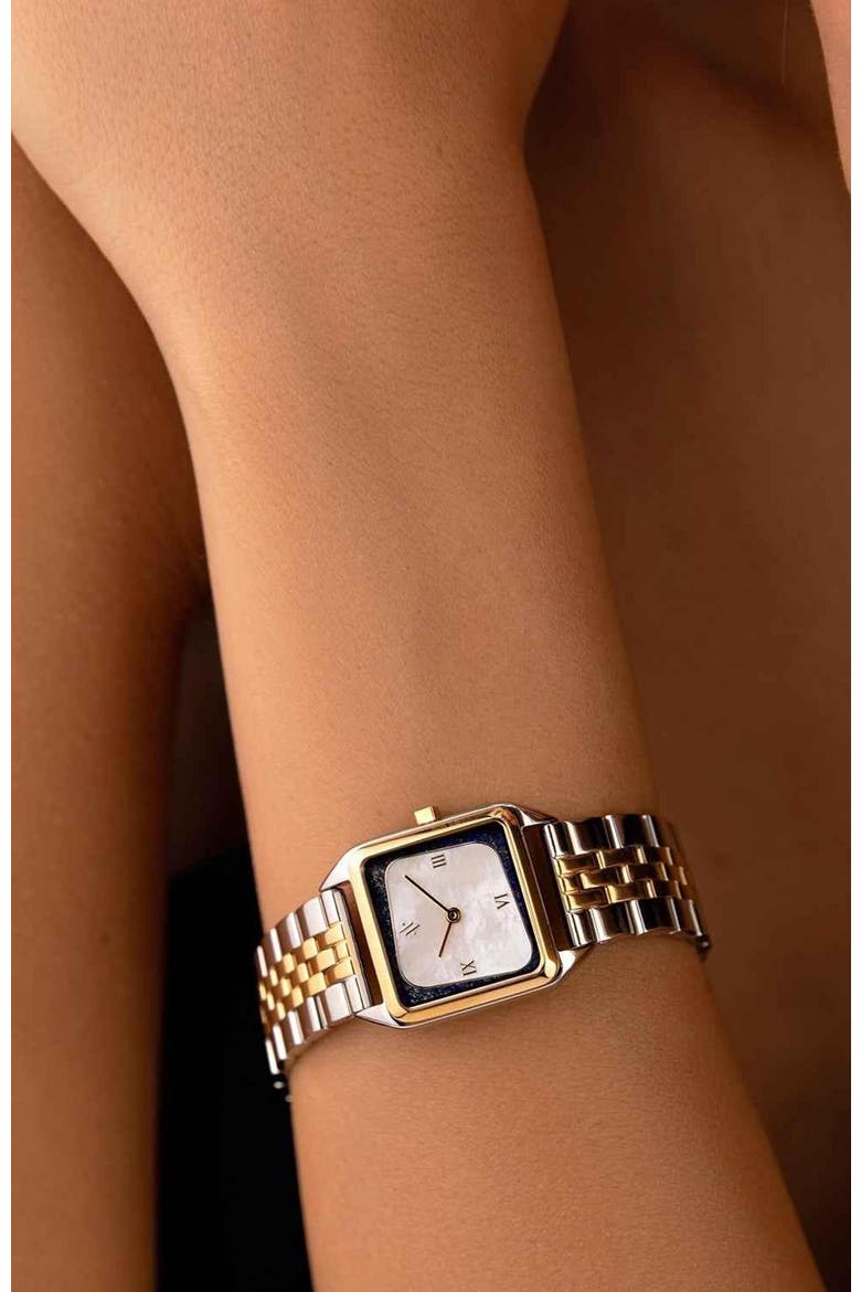 Geminus Double-Gemstone Watch, Alternate, color, White Pearl/Lapis-Two Tone