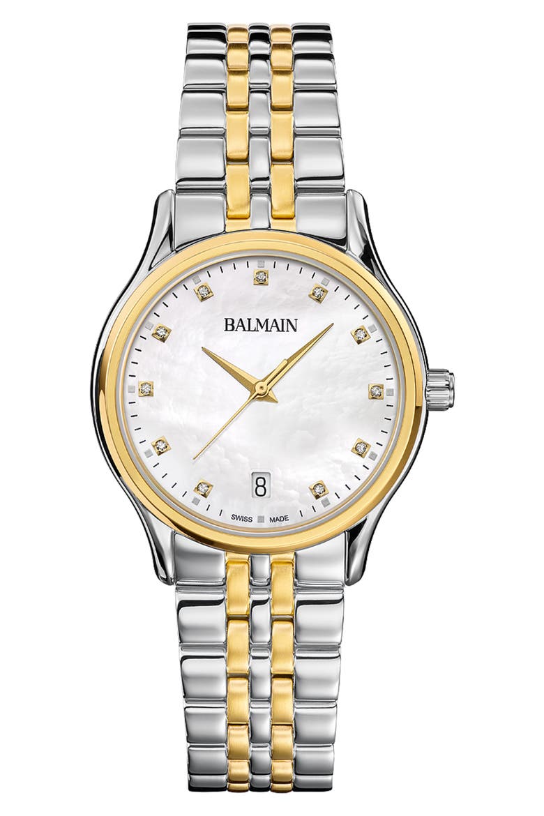 Beleganza Mother-of-Pearl & Diamond Two-Tone Bracelet Watch, 32mm, Main, color, STAINLESS STEEL/YELLOW GOLD