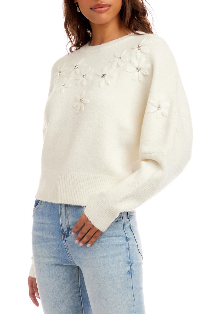 Karen Kane Embroidered Embellished Flower Sweater, Alternate, color, Cream