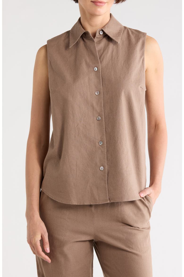 Sleeveless Cotton Blend Button-Up Shirt, Main, color, DESERT WIND