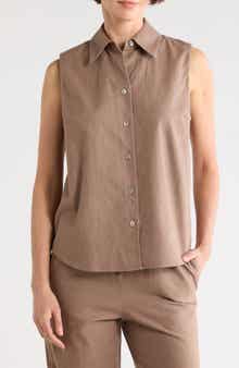 Sleeveless Cotton Blend Button-Up Shirt