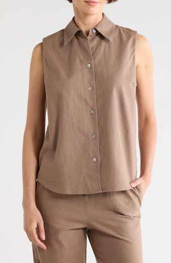 Sleeveless Cotton Blend Button-Up Shirt
