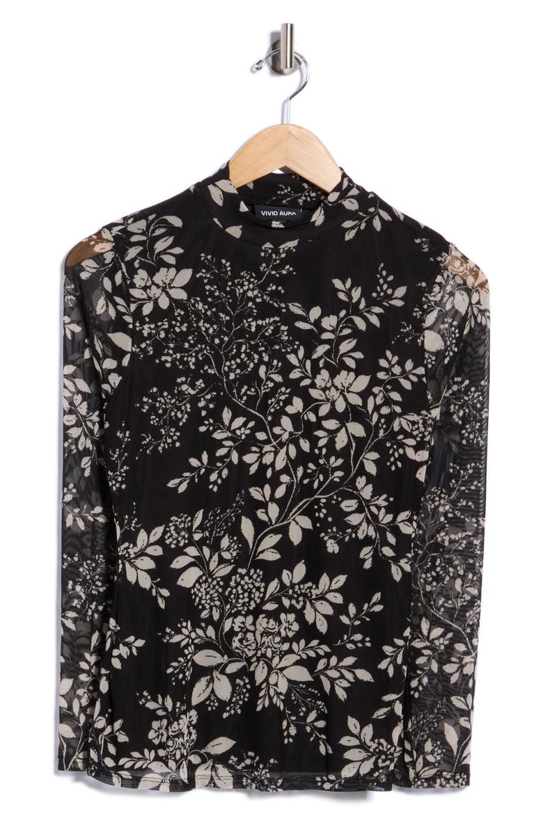 Floral Mesh Mock Neck Top, Main, color, BLK/ TPE