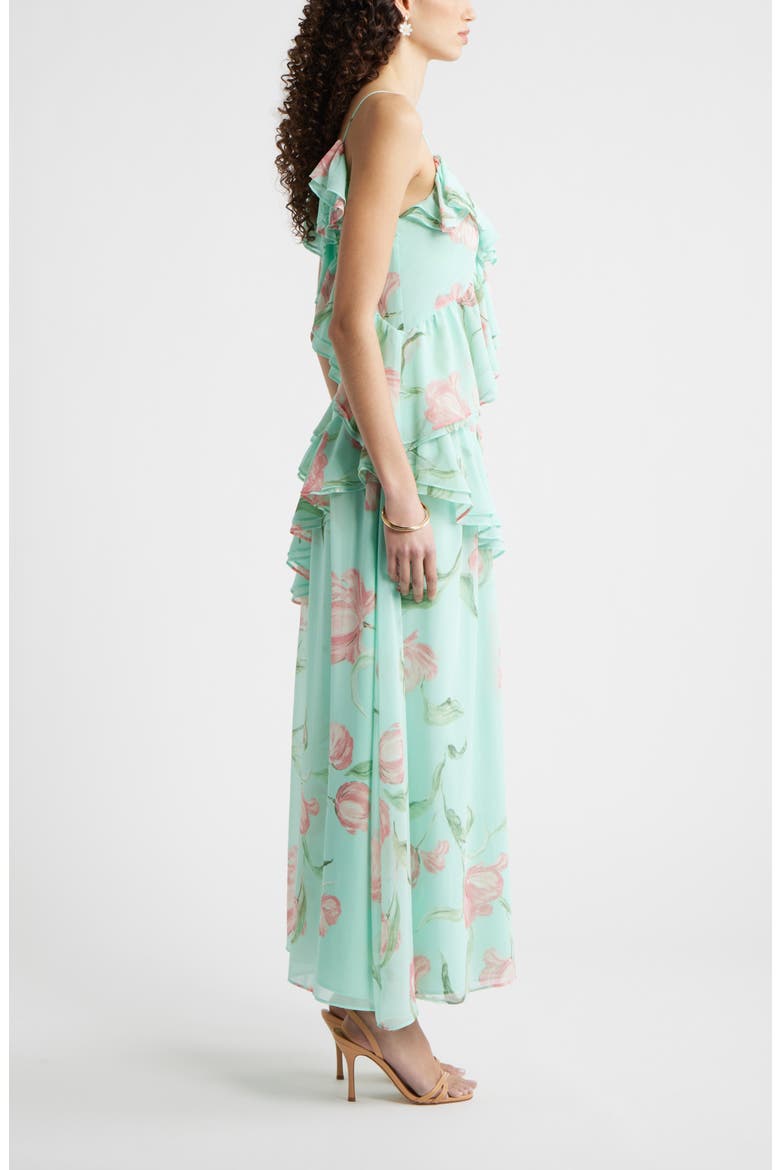 V-Neck Drape Maxi Dress, Alternate, color, AQUA- PINK TULIP FIELD