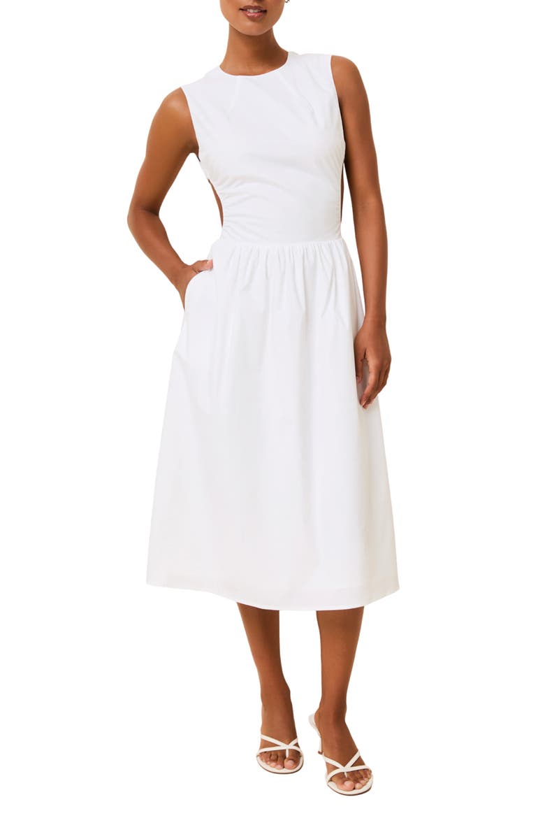 Sabine Sleeveless Open Back Stretch Cotton Poplin Sundress, Main, color, OPTIC WHITE