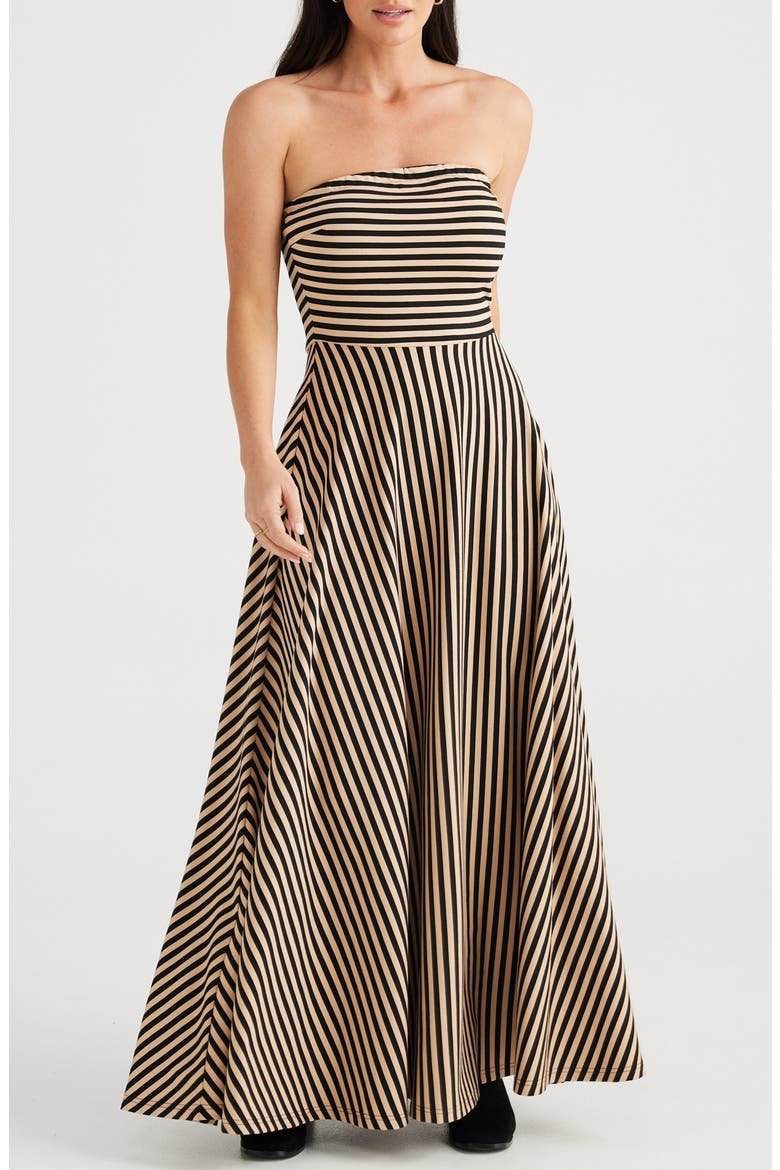 Thandie Stripe Strapless Maxi Dress, Alternate, color, TAN WITH BLACK STRIPE