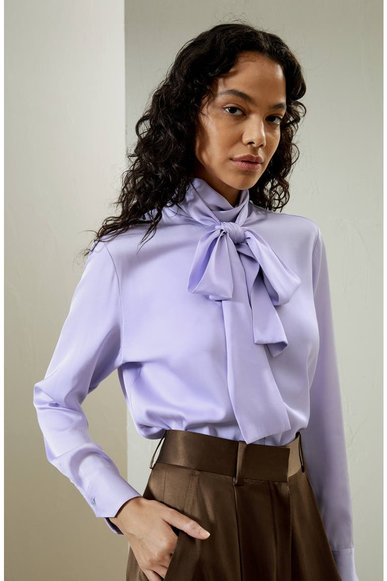 Women's Silk Turtleneck Ribbon Blouse, Alternate, color, Lilac