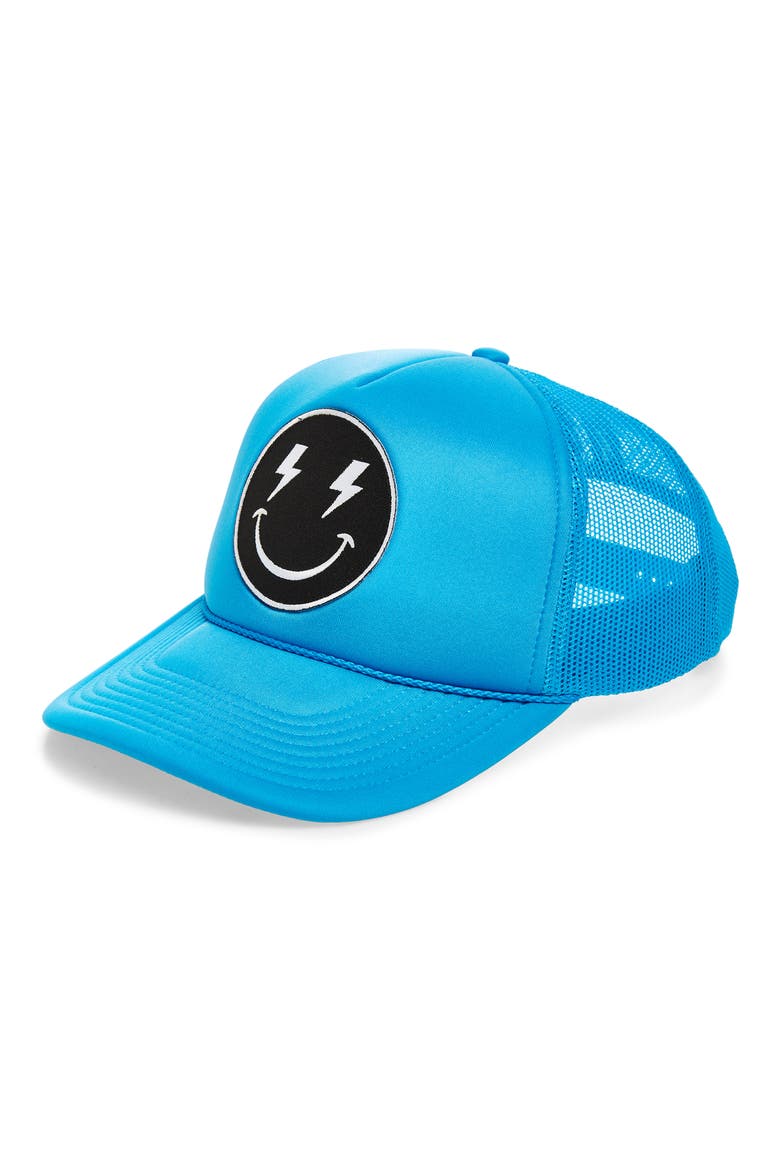 Bolt Smiley Face Trucker Hat, Main, color, NEON BLUE