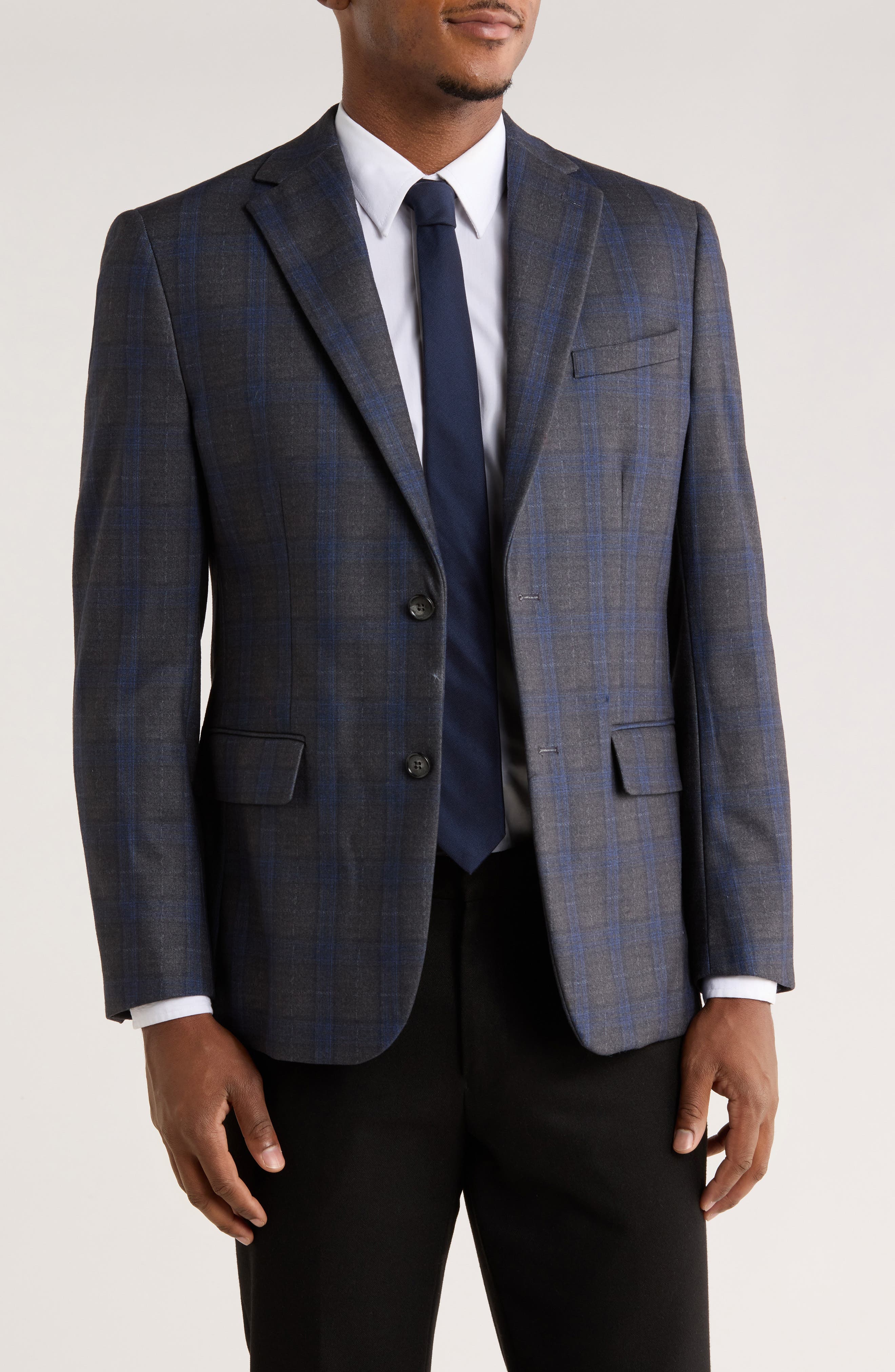 Duchamp Slim Fit Plaid Stretch Knit Blazer