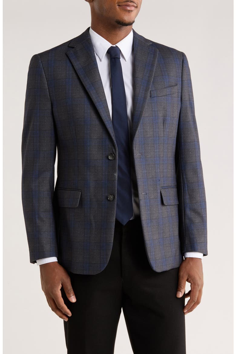 Slim Fit Plaid Stretch Knit Blazer, Main, color, CHARCOAL