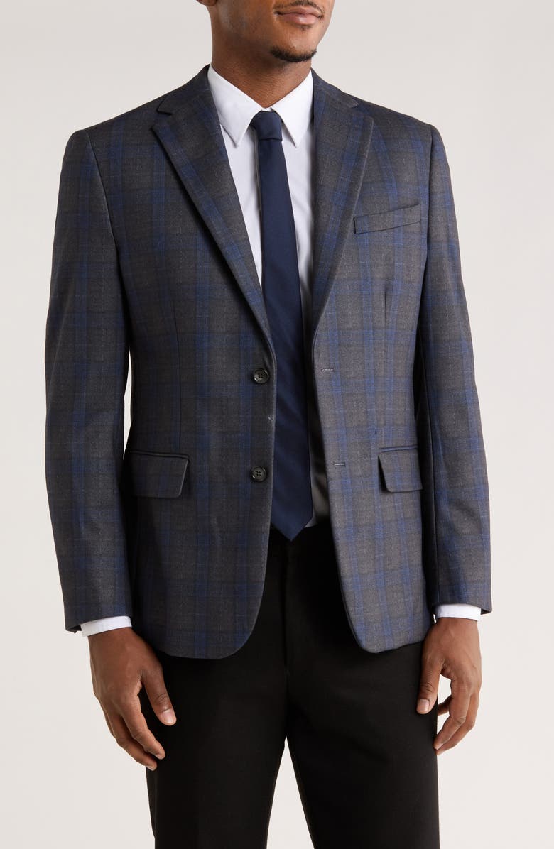 Duchamp Slim Fit Plaid Stretch Knit Blazer, Main, color, Charcoal