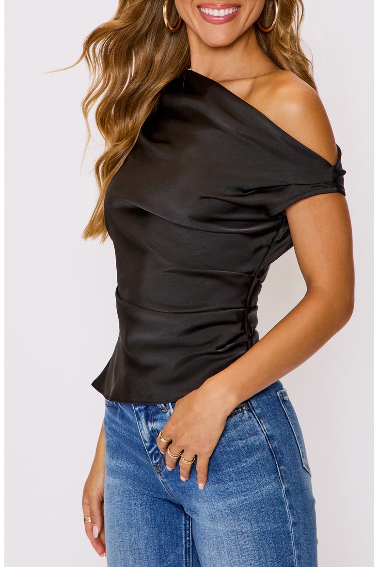 Date Night One-Shoulder Ruched Satin Top, Alternate, color, BLACK