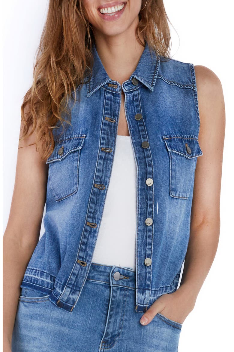 Clara Sleeveless Denim Button-Up Shirt, Alternate, color, POST BLUE