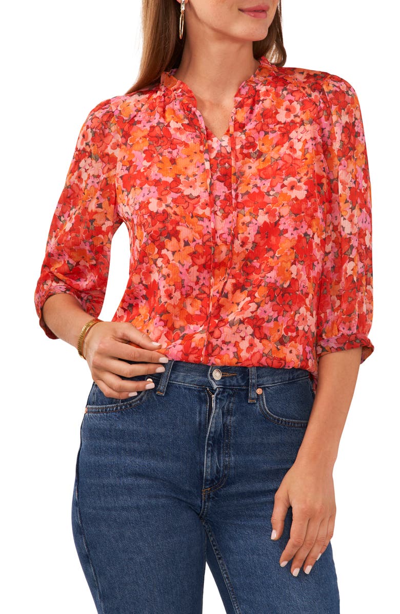 Vince Camuto Floral Print Tie Neck Top, Main, color,