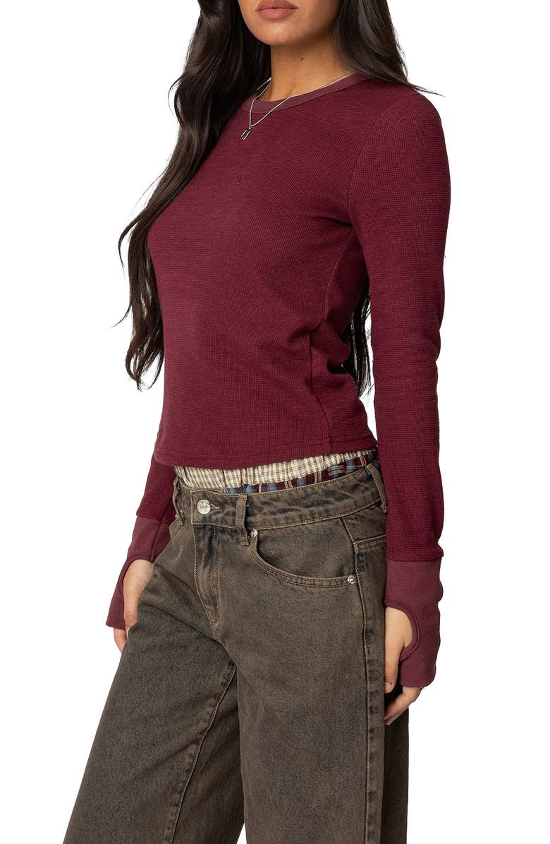 EDIKTED Waffle Long Sleeve T-Shirt, Alternate, color, Burgundy