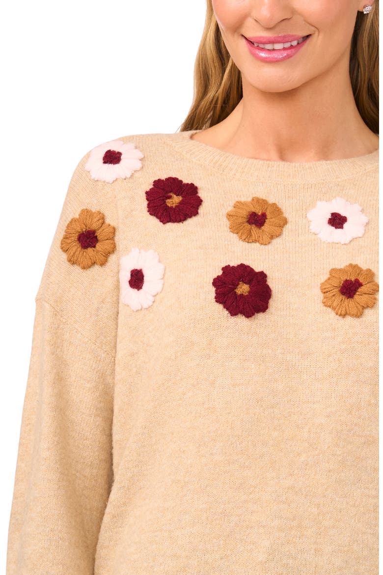 Embroidered Flower Sweater, Alternate, color, SANDY HEATHER