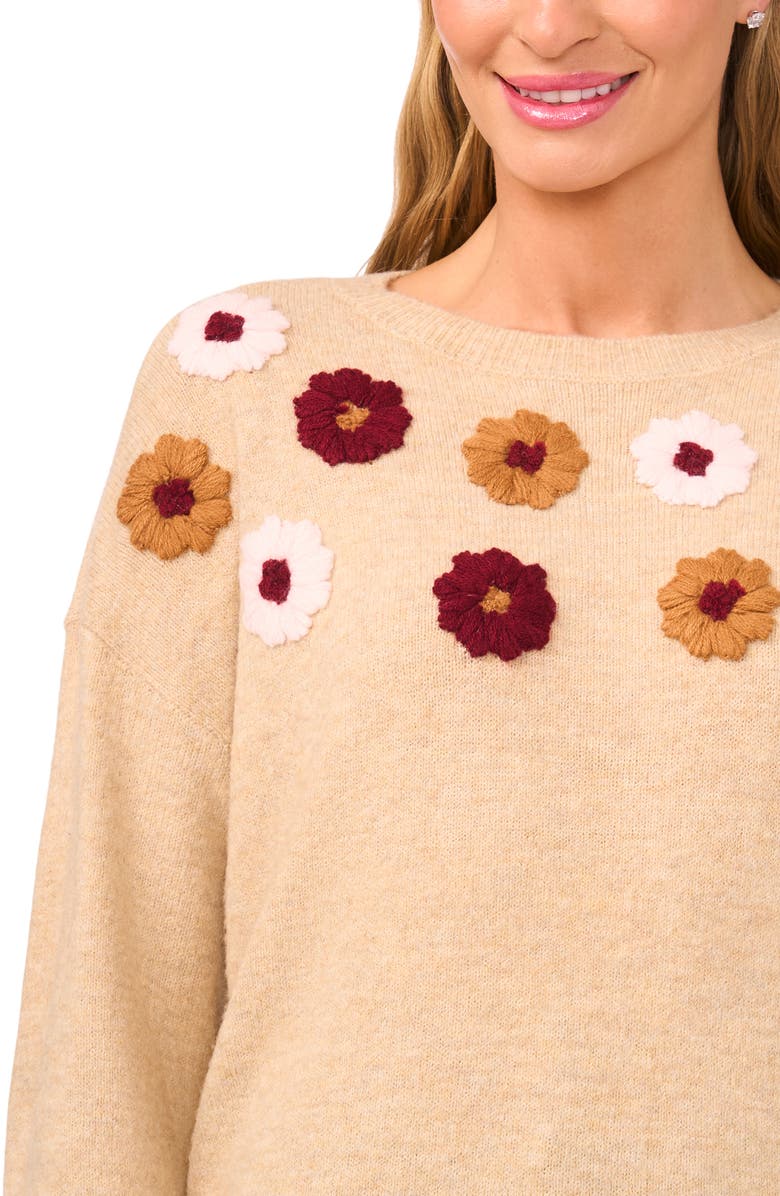 CeCe Embroidered Flower Sweater, Alternate, color, Sandy Heather