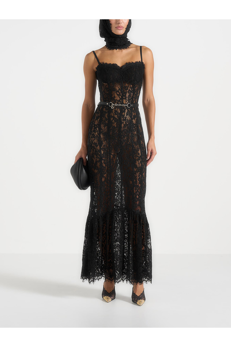 Freya Lace Maxi Dress With Waist Feature, Main, color, Black