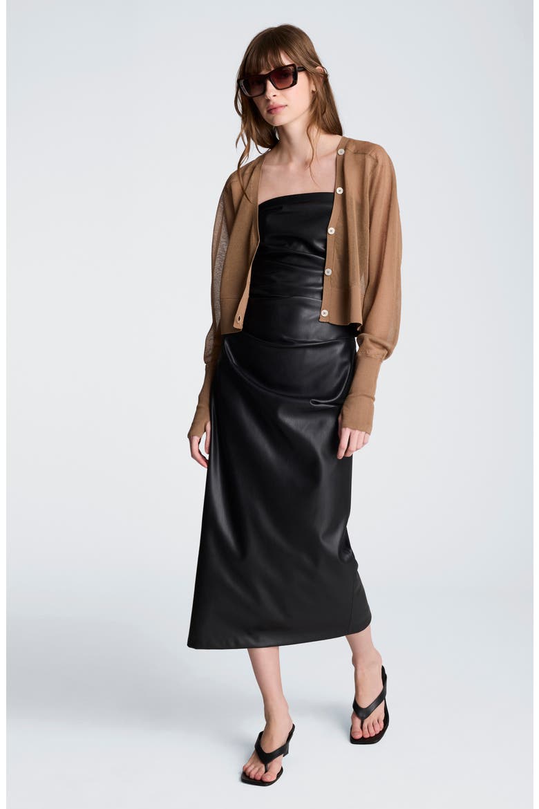 Ruched Strapless Faux Leather Midi Dress, Alternate, color, BLACK