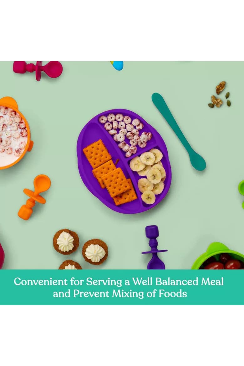 Silicone Suction Divided Plate and Spoon Toddler Training Self Feeding Set, 2-Pack, Alternate, color, Purple & Turquoise
