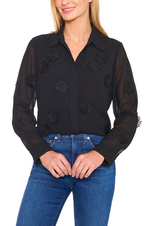 Floral Appliqué Georgette Button-Up Shirt