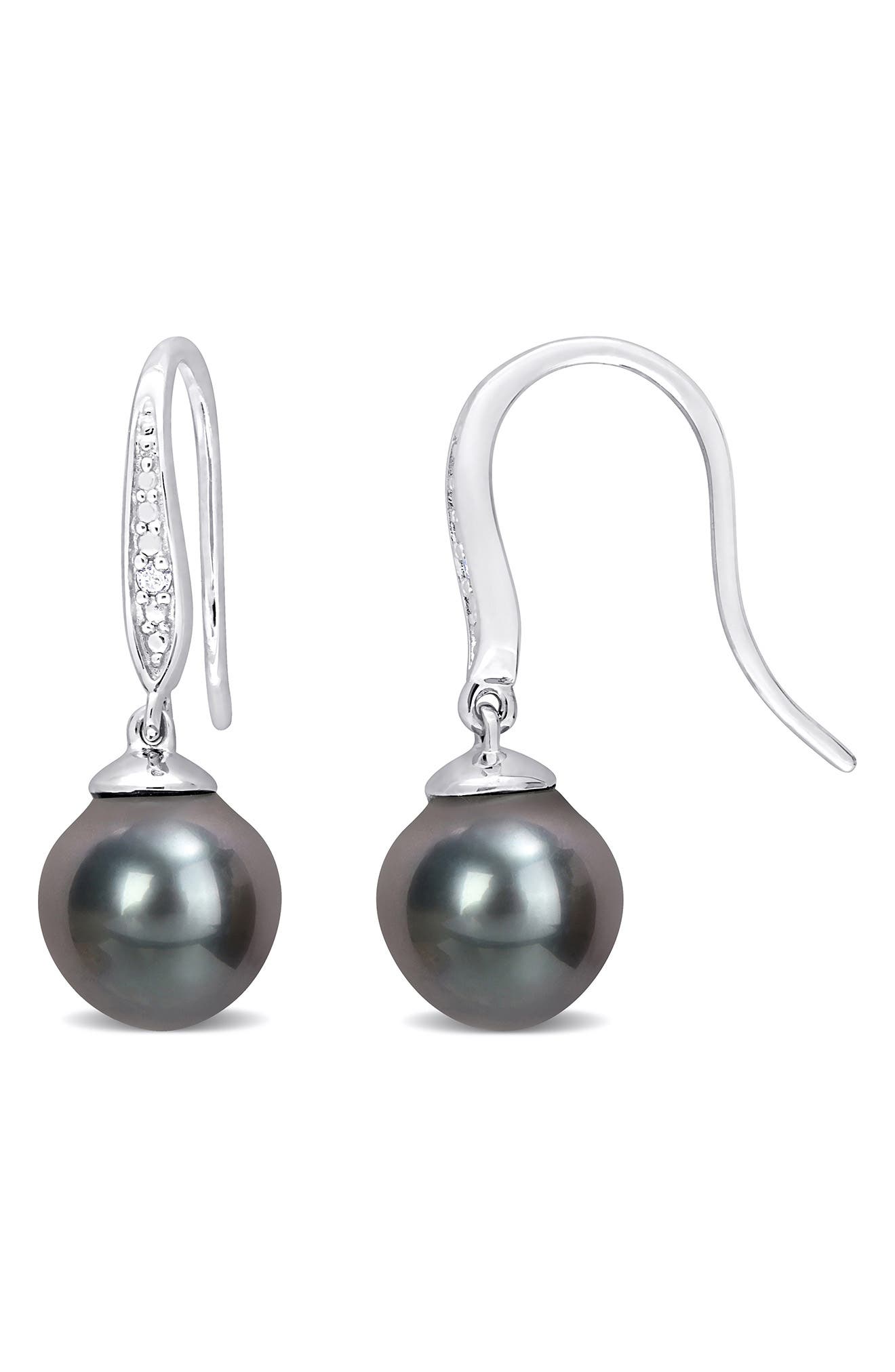 DELMAR Sterling Silver 8-9mm Black Tahitian Cultured Pearl Diamond Earrings - 0.02 ctw.