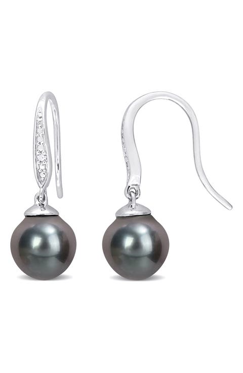 Sterling Silver 8-9mm Black Tahitian Cultured Pearl Diamond Earrings - 0.02 ctw.