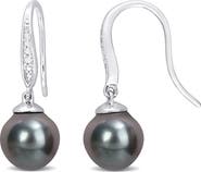 DELMAR Sterling Silver 8-9mm Black Tahitian Cultured Pearl Diamond Earrings - 0.02 ctw.