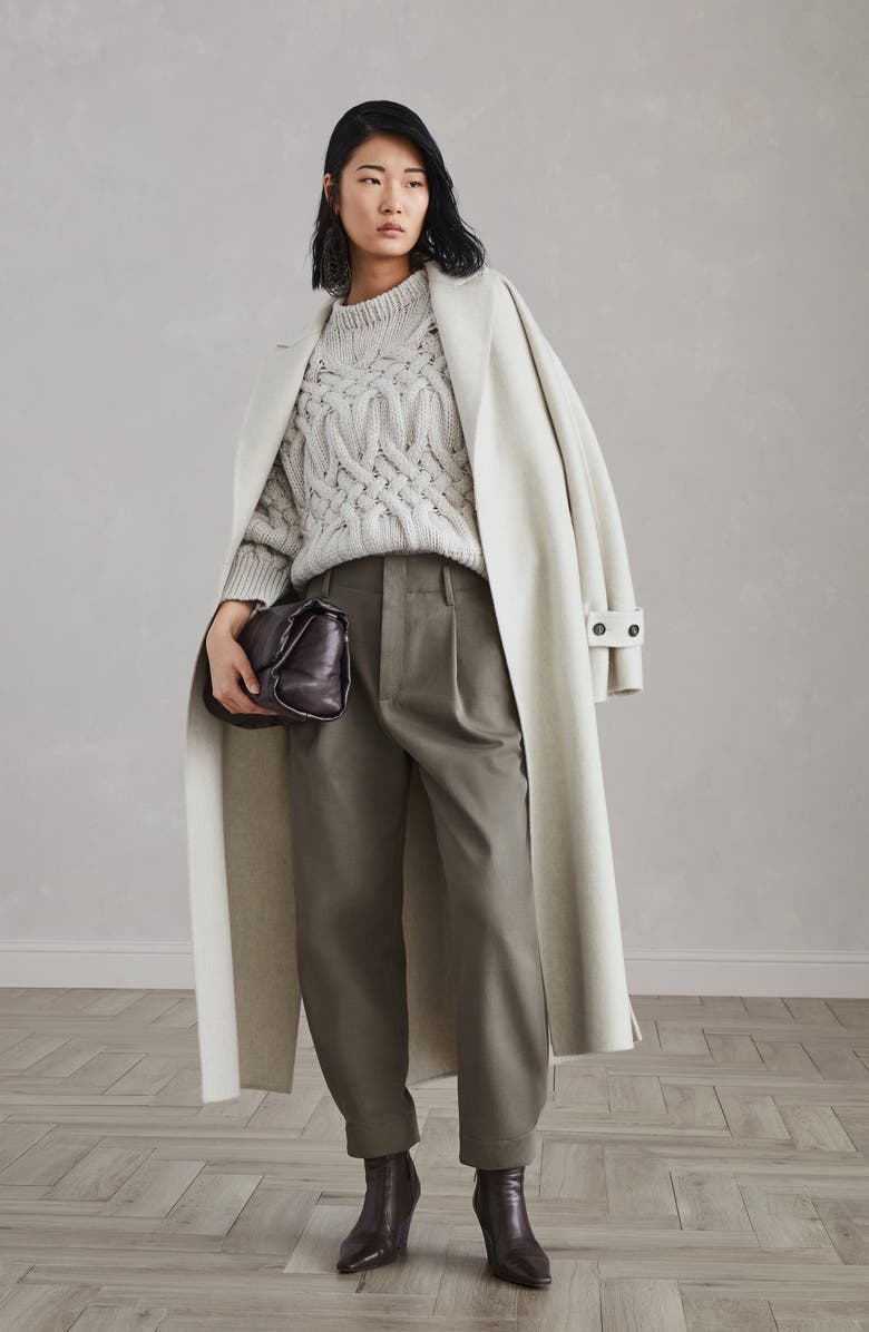 Brunello Cucinelli Cotton and wool cover sartorial baggy trousers with monili, Alternate, color, 