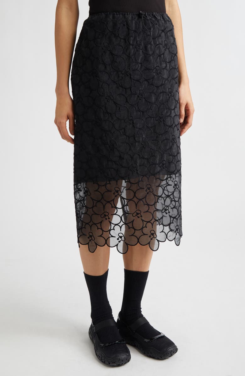 Cecilie Bahnsen Bria Floral Embroidered Organza Midi Skirt, Alternate, color, Black Felicia Embroidery