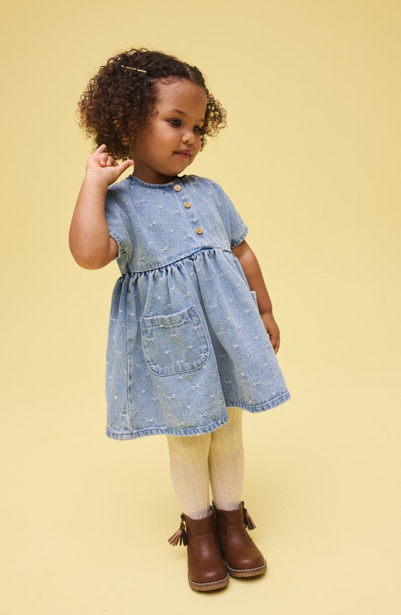 NEXT Kids' Bow Jacquard Denim Dress, Alternate, color, Blue