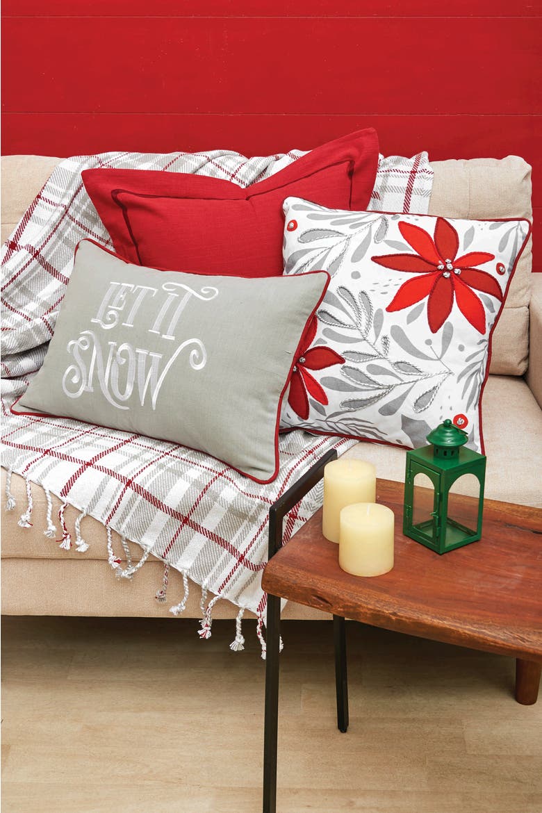 Christmas Poinsettia & Mistletoe Cotton Blend Mini Accent Pillow 8" x 8", Alternate, color, White