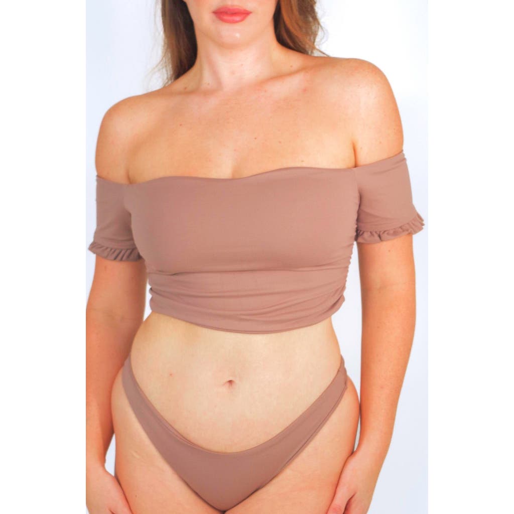 Shop Mary Mercedes Cali Off-the-shoulder Bikini Crop Top With Short Sleeves In Taupe