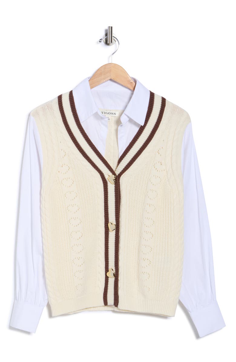 Vigoss Cotton Blend Cable Knit Twofer Cardigan, Alternate, color, Creme