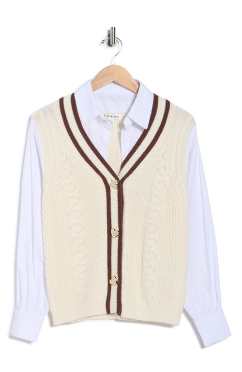 Vigoss Cotton Blend Cable Knit Twofer Cardigan In Neutral