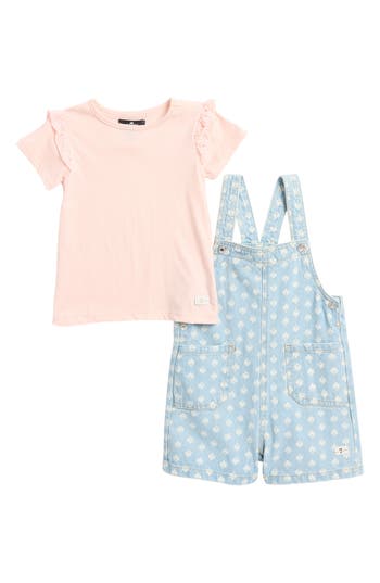 7 For All Mankind Kids' Eyelet Trim Top & Denim Jumper Romper In Pale Pink