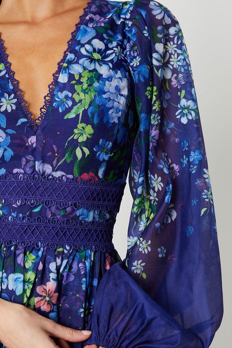 Organza Floral Lace Trim Midaxi Dress, Alternate, color, Navy