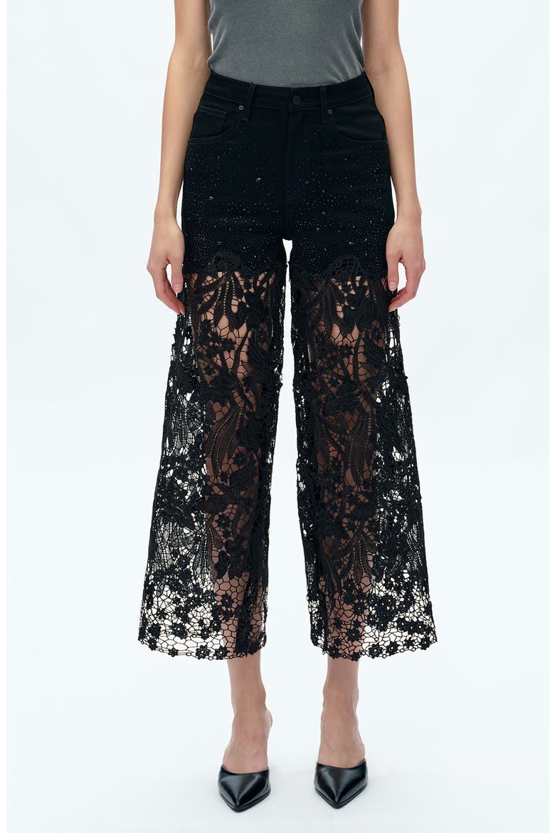High Waist Crystal Embellished Lace Wide Leg Jeans, Main, color, BLACK