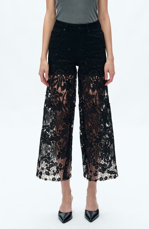 High Waist Crystal Embellished Lace Wide Leg Jeans