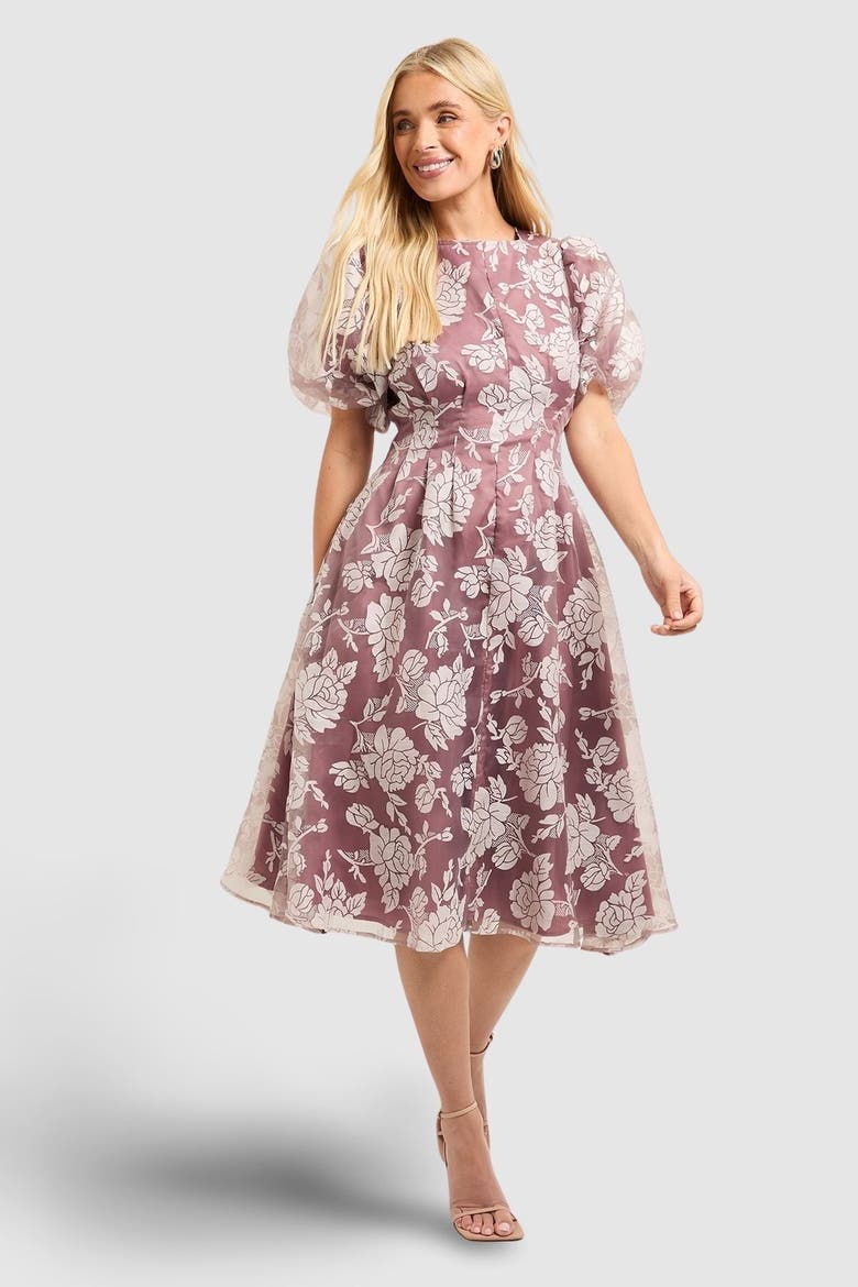 Petite Floral Puff Sleeve Midi Dress, Main, color, Rose