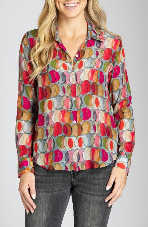 Abstract Print Roll Tab Sleeve Chiffon Button-Up Shirt